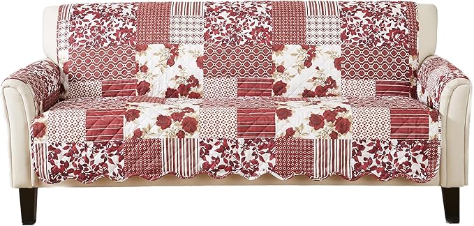 Great Bay Home Reversible Patchwork Sofa Cover - Washable Slipcover Furniture Protector with Elastic Straps - Couch Cover for Dogs, Kids, and Pets - Box-Stitched Detail (Sofa, Burgundy)