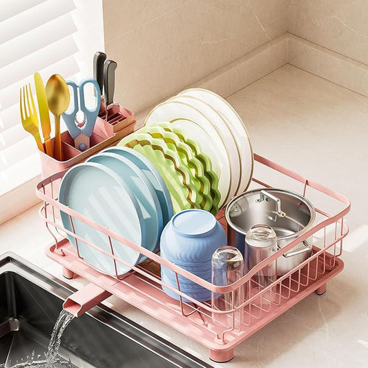 Iron Dish Drying Rack Auto Drain Dish Drainers Kitchen Counter Strainer with Draining Tray, Pink