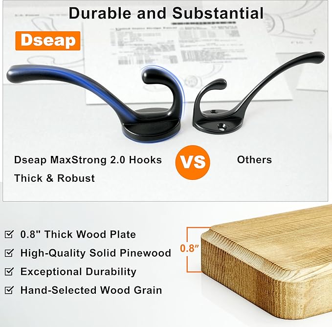 Dseap Coat Rack Wall: 38-1/4" Long, Patented, Heavy-Duty, 10-Double-Hooks Wooden Wall Mounted Coat Rack Coat Hanger Hook Rail for Winter Coats Hat Jacket Clothing, Black