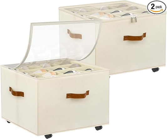 Shoe Organizer for Closet, 2 Pack Shoe Storage Organizer with Wheels and Adjustable Dividers, Stackable Shoe Storage Box with Clear Cover, Foldable Closet Shoe Organizer Fits up to 16-32 Pairs, Beige