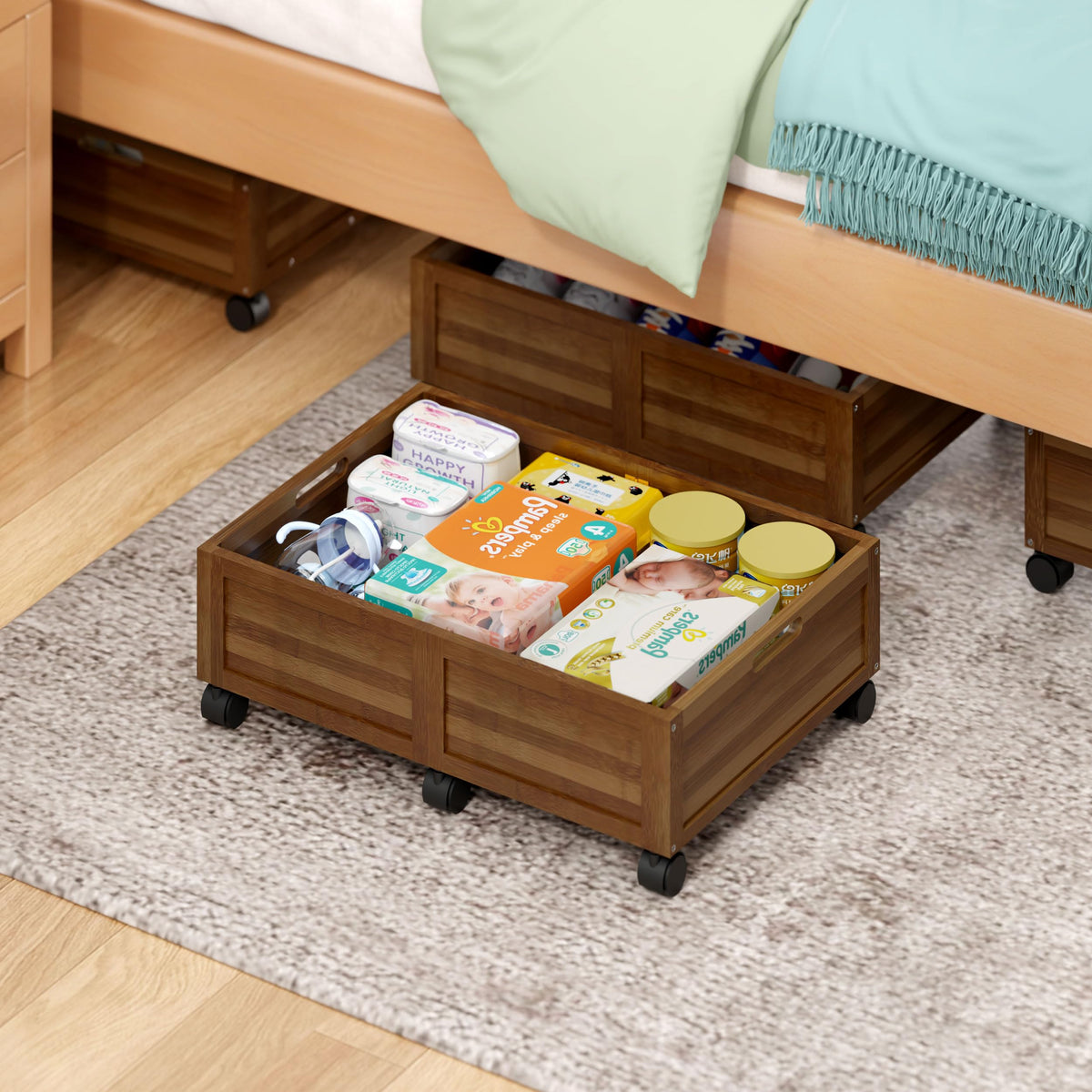 Under Bed Storage with Wheels, 2 Pack Bamboo Containers for Toy & - Image 1
