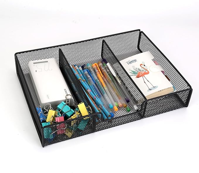 Desk Drawer Organizer, Office Junk Drawer Organizer Tray with 3 Compartments, Metal Mesh Pen Pencil Storage Box for School Office Desk Accessories Supplies Cosmetic Organization, 12.59x9.25x2.36 in