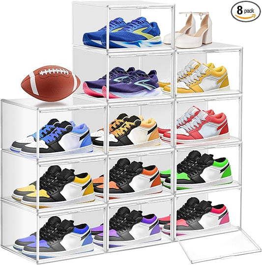 8 Pack Clear Shoe Boxes Shoe Organizer for Closet Size 12 Transparent Sneaker Display Case Stackable Storage Cubbies Grow Box with Magnetic Lid