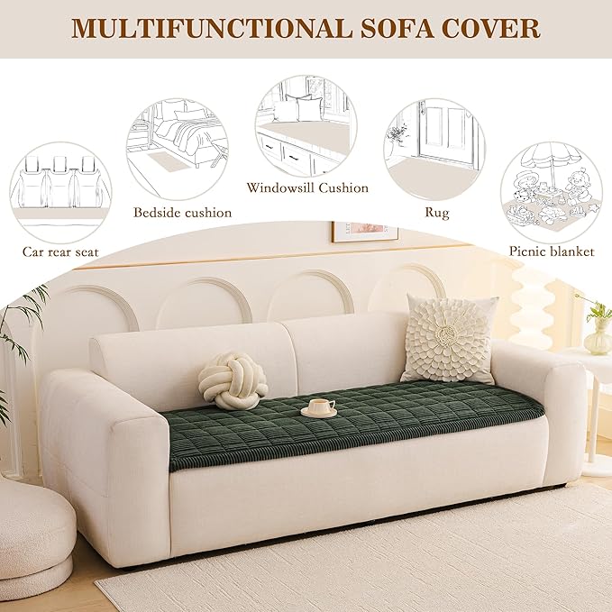 MEETSKY Couch Cover for 2 Cushion Couch Sofa, Non-Slip Couch Cover for Dog Washable Sofa Protector Pet Friendly Dog Mats for Couches Soft Furniture Covers, 27.6" x 70.9", Moss Green