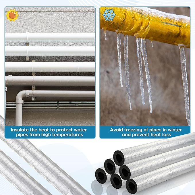 Tondiamo 8 Pcs 3 ft Pipe Insulation Foam Tube Self Adhesive Insulation Foam Wrap with Aluminum Foil Tape Water Tubing Cover for Outdoor Winter Irrigation, Spigot, Sprinkler Protection(1 Inch)