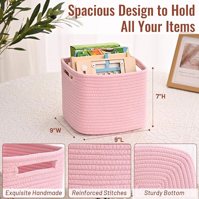 3 Pack Cube Storage Bin, 9”x9”x7” Cotton Rope Woven Baskets for Organizing Toys Clothes Towels, Square Gift Storage Baskets for Shelves, Nursery, Closet, Bathroom, Pantry (Pink)
