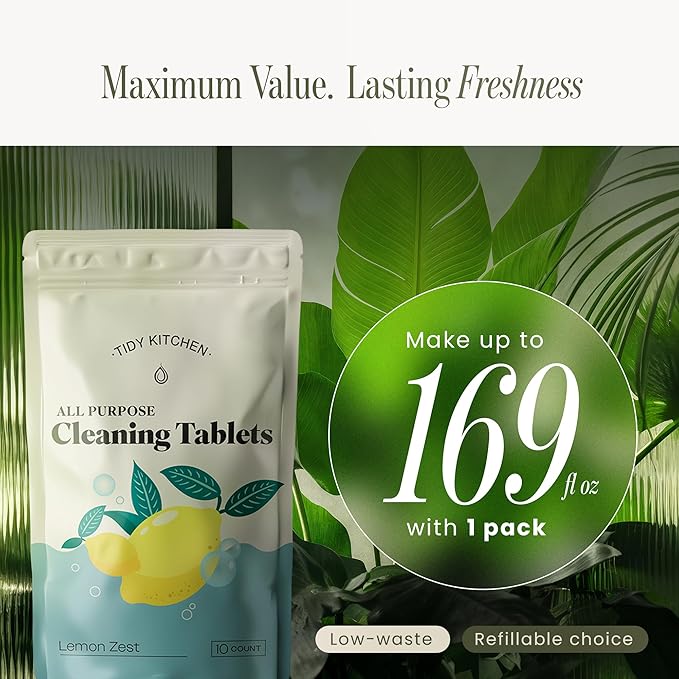 Tidy Kitchen All-Purpose Cleaner Tablets - Multi-Surface on Counters, Stovetops, Tile, Wood, Bath & Glass, Water-Activated Concentrate, 10 Pack Refills