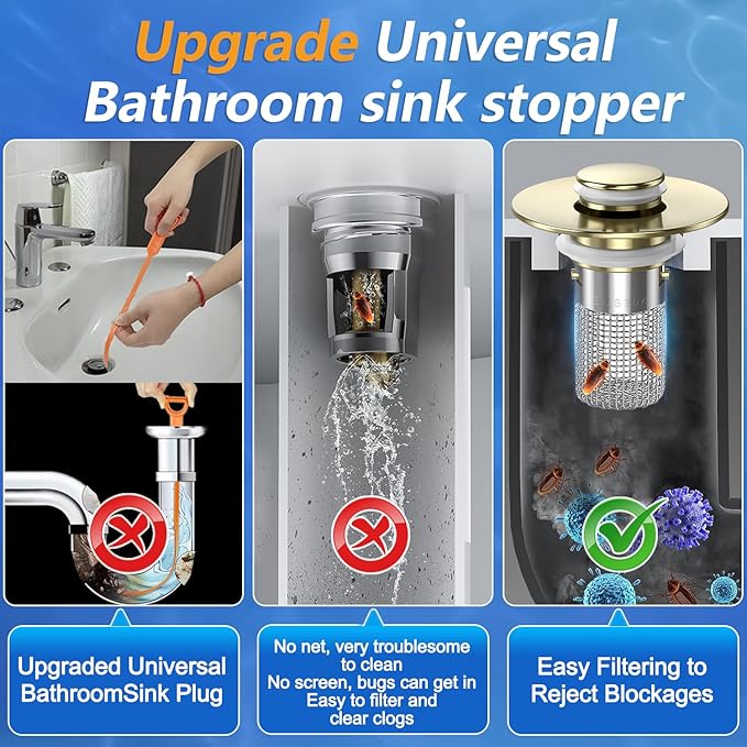 Sink Stopper Hair Catcher, Pop-up Sink Drain Strainer with Removable Stainless Steel Strainer Basket Hair Catcher, Bathroom Sink Strainer for Bathroom Sink Stopper Replacement (4, Brushed Gold)