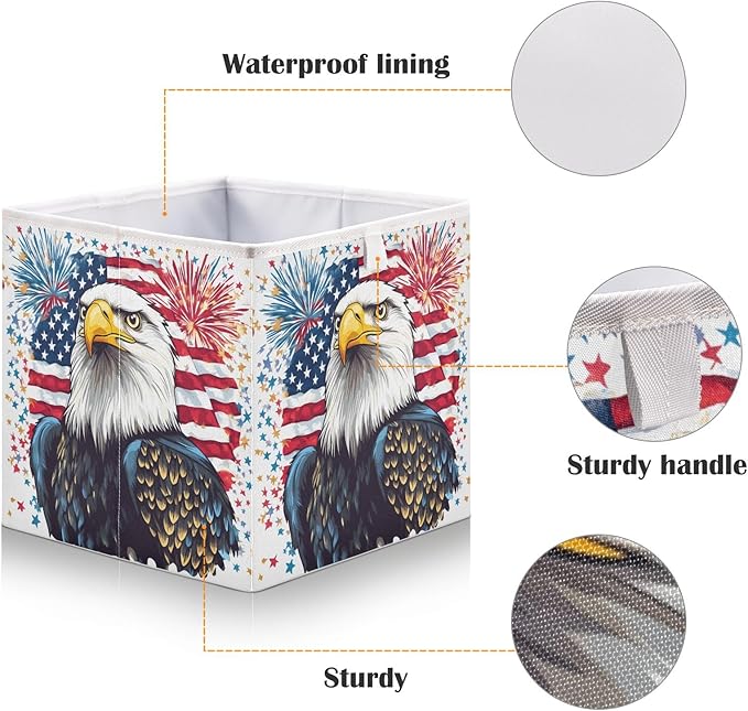Bald Eagle Fireworks American Flag Closet Organizers Storage Cubes Storage Bins Shelf Baskets Containers for Home Room Office,Square
