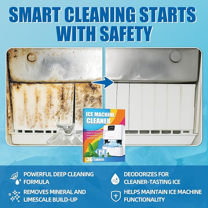 Ice Maker Cleaner Tablets, 36Pcs Ice Machine Cleaner and Descaler, Nickel Safe, Works with Most Countertop, Portable and Commercial Ice Machines, Removes Hard Water and Limescale for Clear