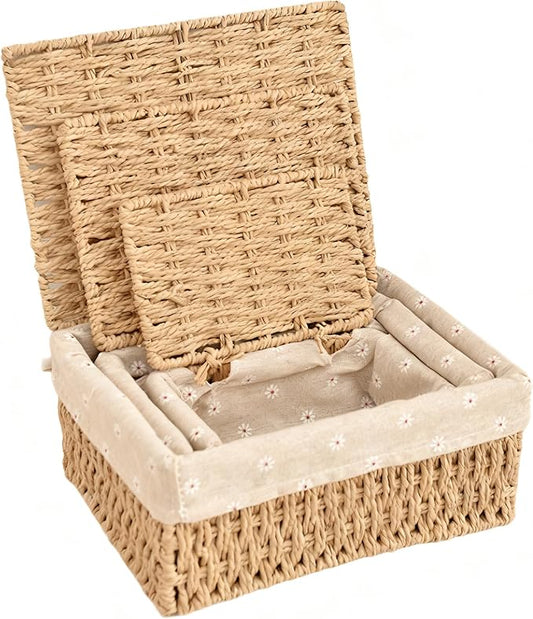 Wicker Shelf Basket with Lid Paper Storage Baskets for Shelves Medium Storage Bin with Removable Liner Nesting Decorative Woven Basket for Makeup Closet Organizer (Medium, Khaki)