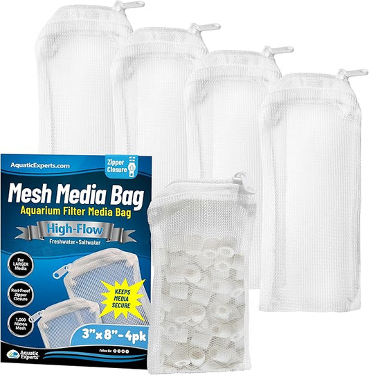 Aquatic Experts High Flow Filter Media Bag - Durable Filter Bags for Fish Tank, Secure Aquarium Media Bag with Drawstring, Media Bags for Aquarium and Pond, High Flow (Zipper), 3” x 8” – 4 Pack