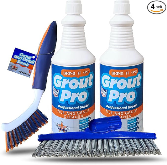 Bring It On Grout Cleaner Pro with Stiff Cleaning Brushes – 32Fl Oz x 2 Grout Pro for Shower Tile Includes Heavy-Duty Grout and Tile Cleaner Brushes – Effectively Removes Mineral Deposits
