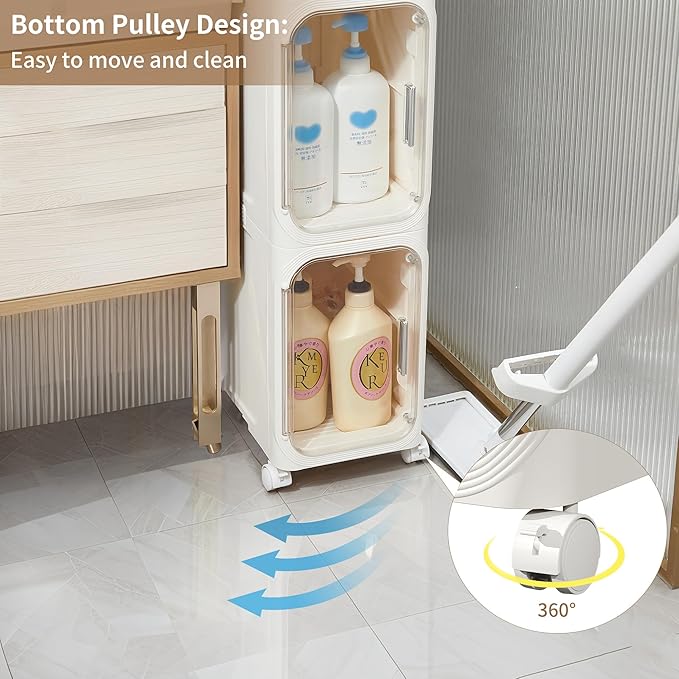 Narrow Storage Cabinet Slim Bathroom Storage Cabinet with Movable Wheels Tall Bathroom Organizer Skinny Cabinet for Small Spaces，2-Tier Beige