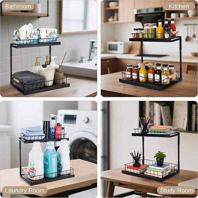 Under Sink Organizer, 2-Tier Pull-Out Cabinet Storage Shelf, Multi-Purpose Storage Racks, Metal Slide Out Drawer for Kitchen Bathroom Pantry Laundry Bedroom Closet, Black