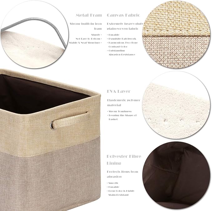 Sea Team 3-Pack Large Storage Basket Set, Trunk Organizer, Clothes Toys Bin, 15 x 10 x 10 Inches, Big Rectangular Canvas Fabric Collapsible Shelf Box with Handles for Kids Room (Tan/Beige)