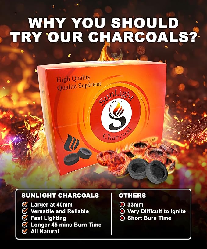 Sunlight® Charcoal Tablets for Incense – Quick Light Coal Tablets – Charcoal Disks – 40 mm Coal Rolls – Coal Briquettes – Slow Burn - Instant Lighting [100]