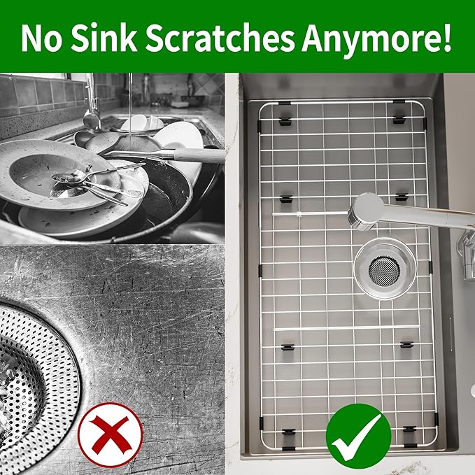 Stainless Steel Sink Protector 28-7/8" x 14-3/8" with Rear Drain, Metal Sink Rack for Bottom of Sink, Kitchen Sink Grate and Sink Protectors with Sink Strainer (28-7/8" x 14-3/8" - Rear Drain)