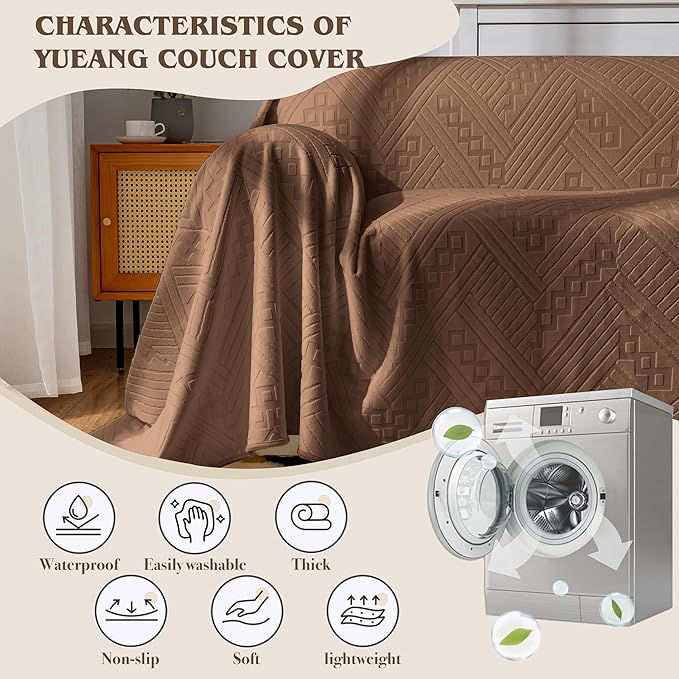 Waterproof Couch Cover, Reversible, Pet-Friendly, Washable and Anti-Slip Couch Covers for Sofa Protection with 3 Cushions, Sofa Slipcovers for Dogs and Cats (71×118in/Brown)
