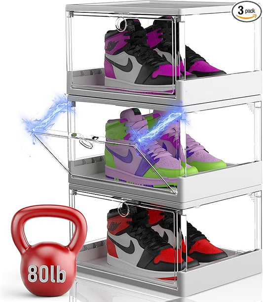 Thicken & Sturdy Clear Shoe Boxes with Magnetic Door, 3 Pack Stackable Multi-functional Shoe Storage, Shoe Organizer for Closet, Space Saving, 360 ° Dustproof & Moisture-proof, Fits Up to US Size 13
