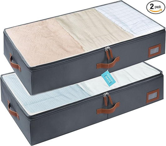 OrganiHaus Under Bed Storage Containers, Bedroom Storage and Organization Bins, Clothes Organizer for Closet with Clear Cover and Reinforced Handles - Set of 2 33x17x6 inches Gray