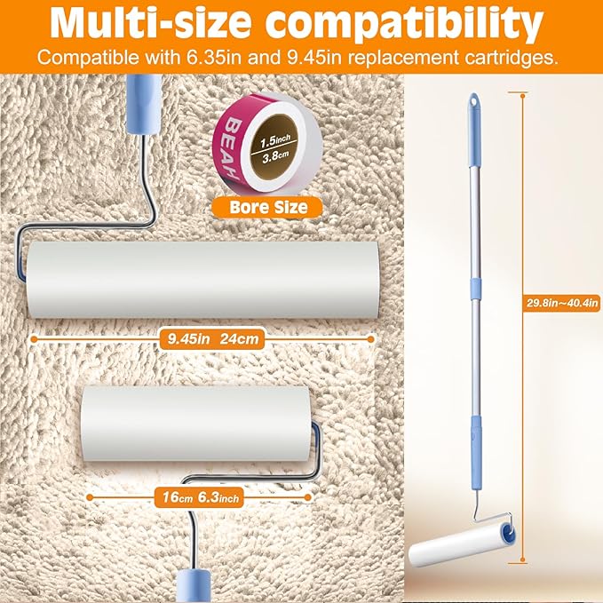 Large Lint Roller for Pet Hair Extra Sticky,10 Years Lifespan,9.45''/6.3" Pet Hair Removal Tool Roller for Dog Cat Hair,450 Sheets/5 Refills,Detachable Telescoping Extension Large Lint Remover