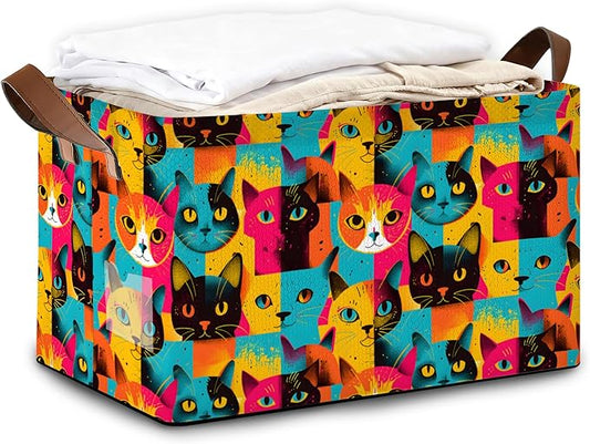 32L Large Storage Bins with Handles, Cute Animal Basket Organizer for Shelves, Closet, Books, Laundry & Home Decor (Abstract Cat)