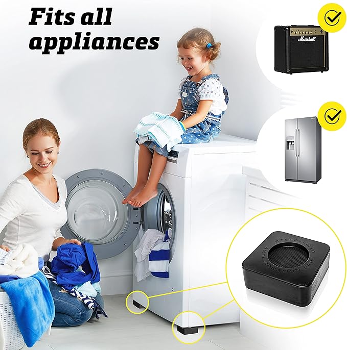 Anti Vibration Pads for Washing Machine - 4pc - Prevent Your Washer and Dryer From Walking and Reduce Noise - High Friction Hard Wearing Square Rubber Foot Pads - Universal Pedestals and Shock Support