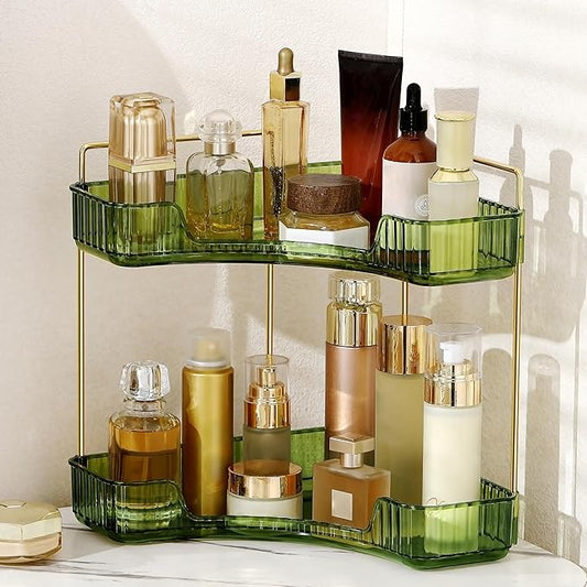 Corner Bathroom Counter Organizer Bathroom Countertop Shelf Makeup Organizer for Vanity Perfume Tray for Corner Storage (2 Tiers, Green)