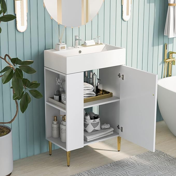 Favfurish 21.6" Bathroom Vanity with Rectangle Ceramic Vessel Sink Combo,Freestanding Left Side Storage Cabinet W/Soft-Close Doors,Assembled Quickly,for Small Spaces,White