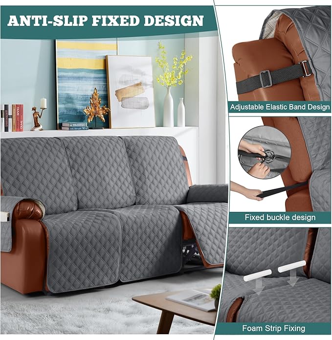 Ruaozz Waterproof Recliner Couch Covers, Sofa Slipcovers Washable 1-Piece Reclining Sofa Covers Non-Slip Furniture Protector with Elastic Straps Pocket for Kids Pets (Dark Grey, 3 Seater)