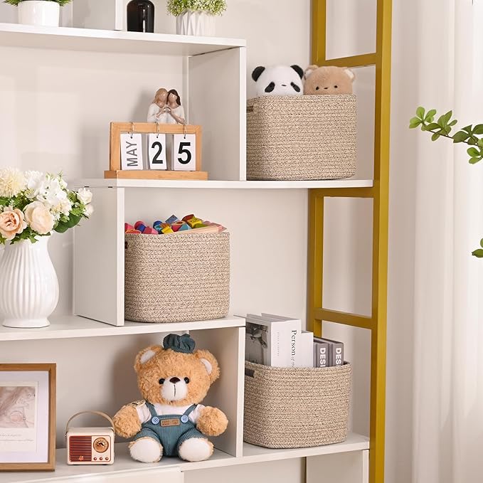 3 Pack Cube Storage Bin, 9”x9”x7” Cotton Rope Woven Baskets for Organizing Toys Clothes Towels, Square Gift Storage Baskets for Shelves, Nursery, Closet, Bathroom, Pantry (Jute)