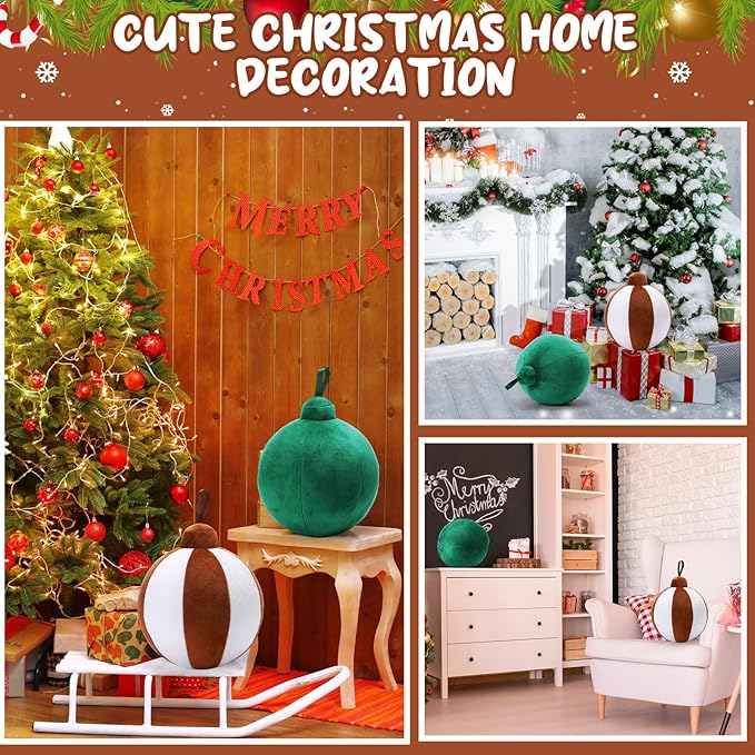 2 Pcs Christmas Pillows 7 Inch Round Christmas Ornament Shaped Throw Pillow Cute 3D Ball Xmas Throw Cushion Decoration for Bed Couch Sofa Chair Living Room(Dark Green, Brown and Beige)