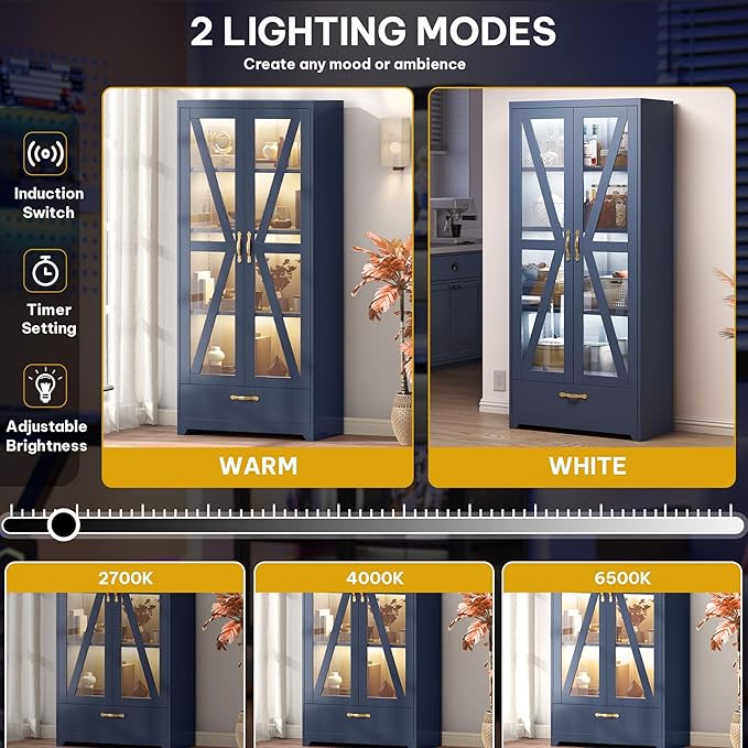 DWVO Display Cabinet with LED Lights, 61" Metal Display Case with Glass Barn Doors for Collectibles, Organizer Cabinet with 3 Adjustable Shelves and Drawer for Living Bedroom, Office, Navy Blue