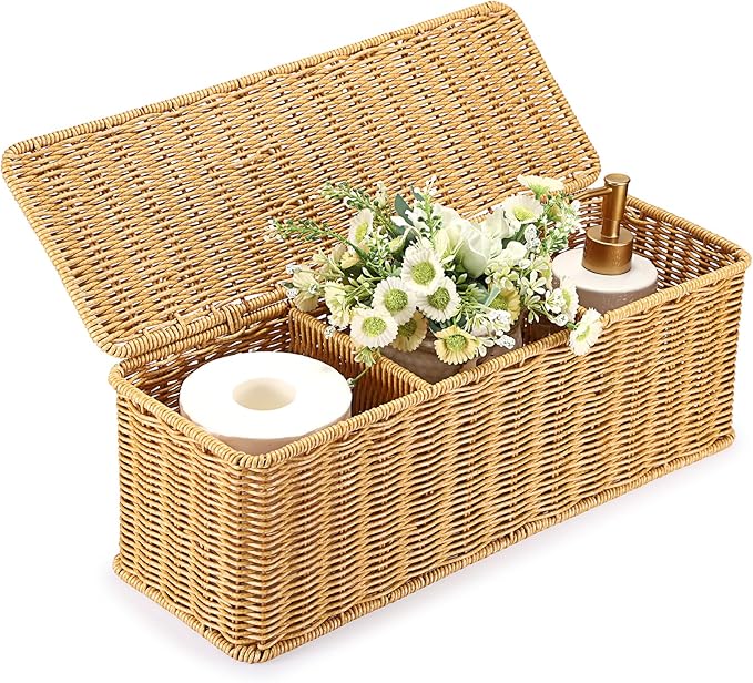 Sumnacon Wicker Storage Basket with Lid, Rectangular Narrow Baskets for Bathroom, Farmhouse Imitation Rattan Bin with Dividers, Decorative Handwoven Tray Organizer for Countertop Shelves Toilet Tank
