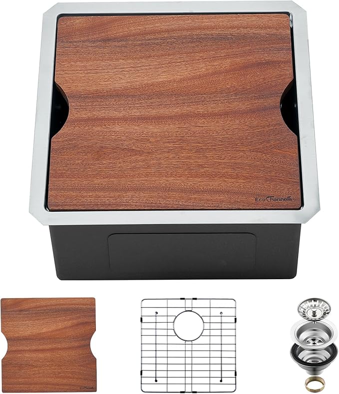 Undermount Kitchen Sink, 18 x 18 x 10 Inch Sink Kitchen 16 Gauge Stainless Steel Kitchen Sinks Single Bowl Workstation Sink with Cutting Board