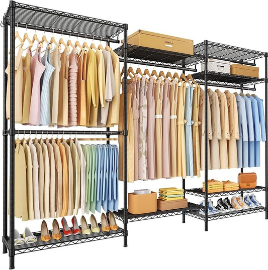 Ulif E13 Pro Heavy Duty Clothes Rack（With 4 Hanger Rods & 8 Shelves） Freestanding Clothing Racks for Hanging Clothes，Adjustable Closet，Metal Garment Rack 75" W x16 D x77 H，Max Load 1000LBS，Black