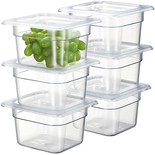 CURTA 6-Pack 1/6 Size 4" Deep NSF Polycarbonate Food Pans with Handled Lids & Drain Trays | Dishwasher & Freezer Safe Clear Container for Prep Tables, Buffet, Salad Bar, Commercial & Home Kitchen