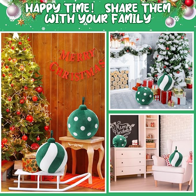 2 Pcs Christmas Pillows 7 Inch Round Christmas Ornament Shaped Throw Pillow Cute 3D Ball Xmas Throw Cushion Decoration for Bed Couch Sofa Chair Living Room(Green and White)