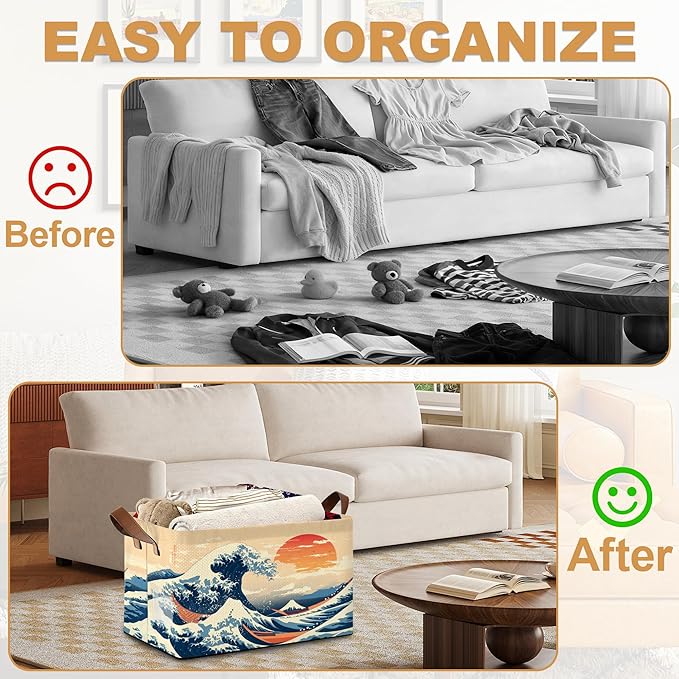 Decorative 32L Japanese Waves Storage Bins with Handles, Organization and Storage, Cube Storage Organizer for Hamper, Nursery