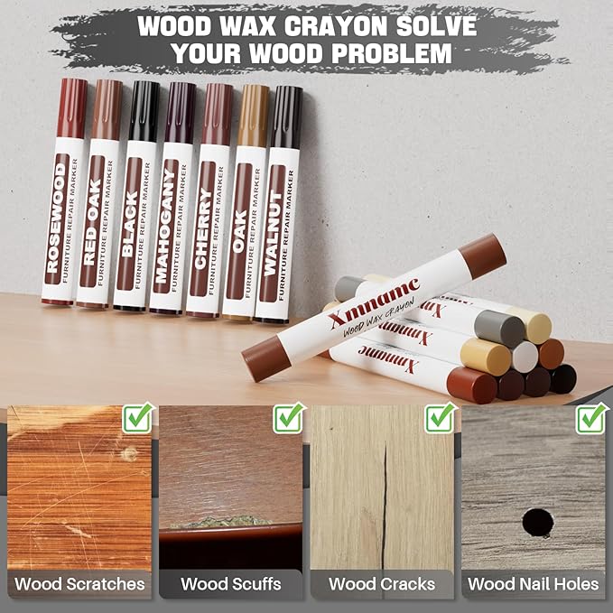 Wood Filler Sticks 20 Colors Wood Wax Crayons for Scratches, Crack, Scuffs on Wooden Funiture, Furniture Markers Touch Up Repair Furniture, Floors, Doors, Cabinets, Tables