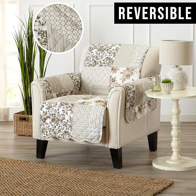 Great Bay Home Reversible Patchwork Chair Cover - Washable Slipcover Furniture Protector with Elastic Straps - Chair Cover for Dogs, Kids, and Pets - Box-Stitched Detail (Chair, Taupe)