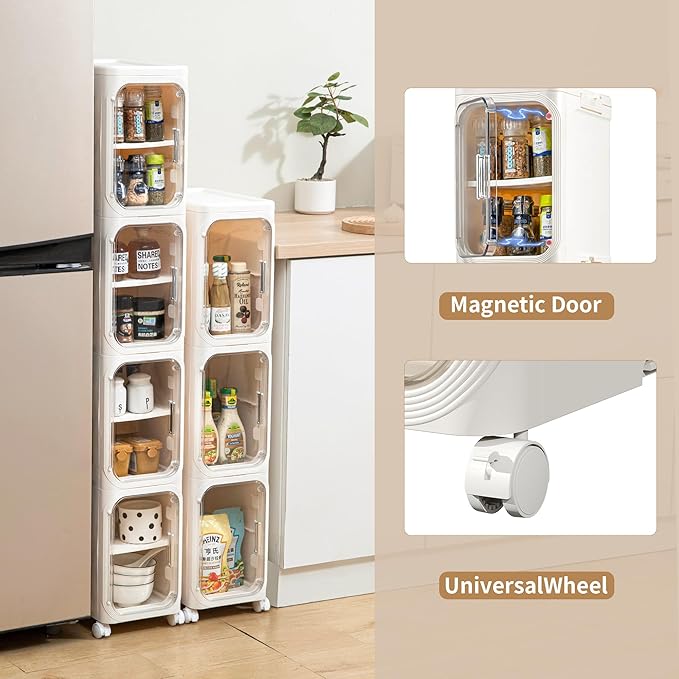2-Tier Narrow Bathroom Storage Cabinet with Wheels, Plastic Slim Organizer with Adjustable Shelves for Small Spaces,Bathroom, Kitchen, Laundry,Milky White