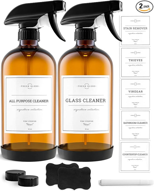Vine Creations Amber Glass Spray Bottles, 2 Pack Glass Refillable Bottles for Cleaning solutions, 16 oz Spray Bottle for Cleaning, Mister Spray Bottle, Amber Spray Bottles with Waterproof Labels