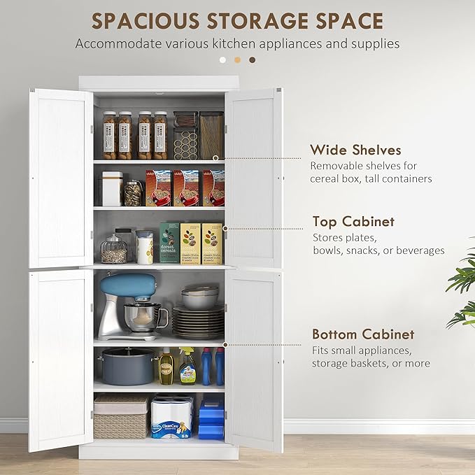 HOMCOM 72.5" Freestanding Kitchen Pantry Cabinet, Tall Storage Cabinet with 4 Doors and 2 Adjustable Shelves for Dining Room, White Wood Grain