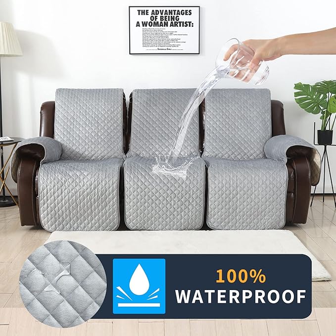LUFEIJIASHI Non Slip Recliner Sofa Covers,Velvet Waterproof Recliner Couch Covers for 3 seat,Washable Reclining Couch Cover Furniture Protector for Dogs,Pets (Grey, 3 Seater)