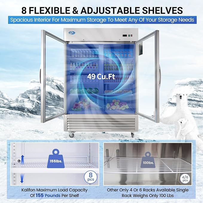 49 Cu.Ft Commercial Refrigerator, 54" Display Merchandiser, 2 Glass Door Reach-in Upright Beverage, Stainless Steel Upright Fridge Cooler with LED Lighting for Restaurant Kitchen