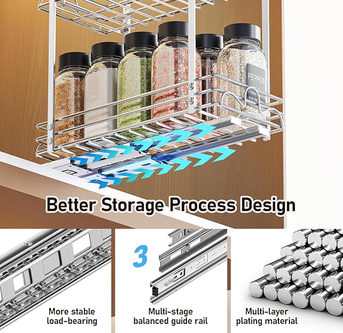 2 Tier Pull Out Spice Rack Organizer for Cabinet，Heavy-Duty Slide Rails with Raised Base Pull Out Spice Drawer Organizer, Fits Pantry & Kitchen Cabinets, 5.5''Wx10.63''Dx10.04''H