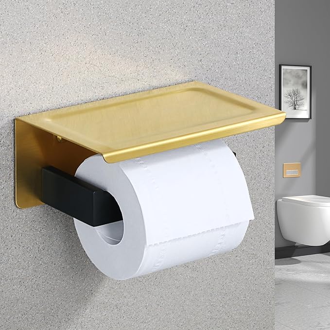 Alise Toilet Paper Holder with Shelf,SUS304 Stainless Steel Toilet Paper Roll Holder Bathroom Tissue Holder Storage Dispenser,Self Adhesive or Wall Mount Drilling,Gold and Black Finish