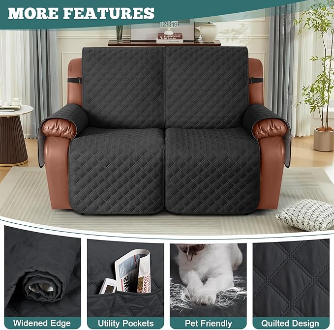 Ruaozz Waterproof Recliner Sofa Covers, 1-Piece Couch Covers for Reclining Couches Reclining Couch Cover Washable Furniture Protector with Elastic Straps Pocket for Kids Pets (Black, 2 Seater)